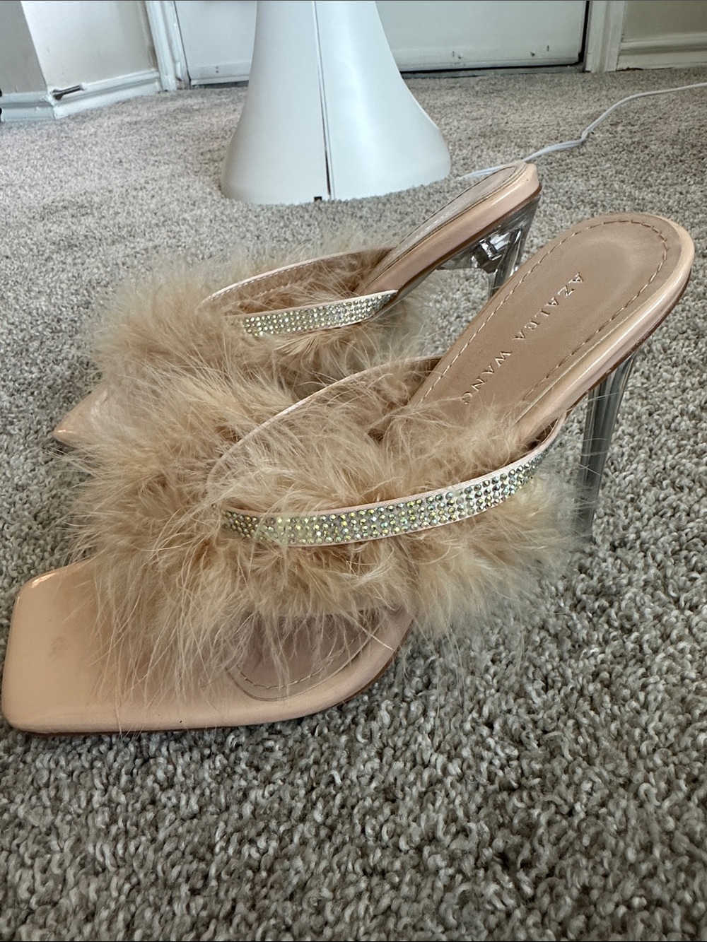 Xena Blush Pink Nude Azalea Wang fuzzy heel size 9 Sandal furry Sequins Strap